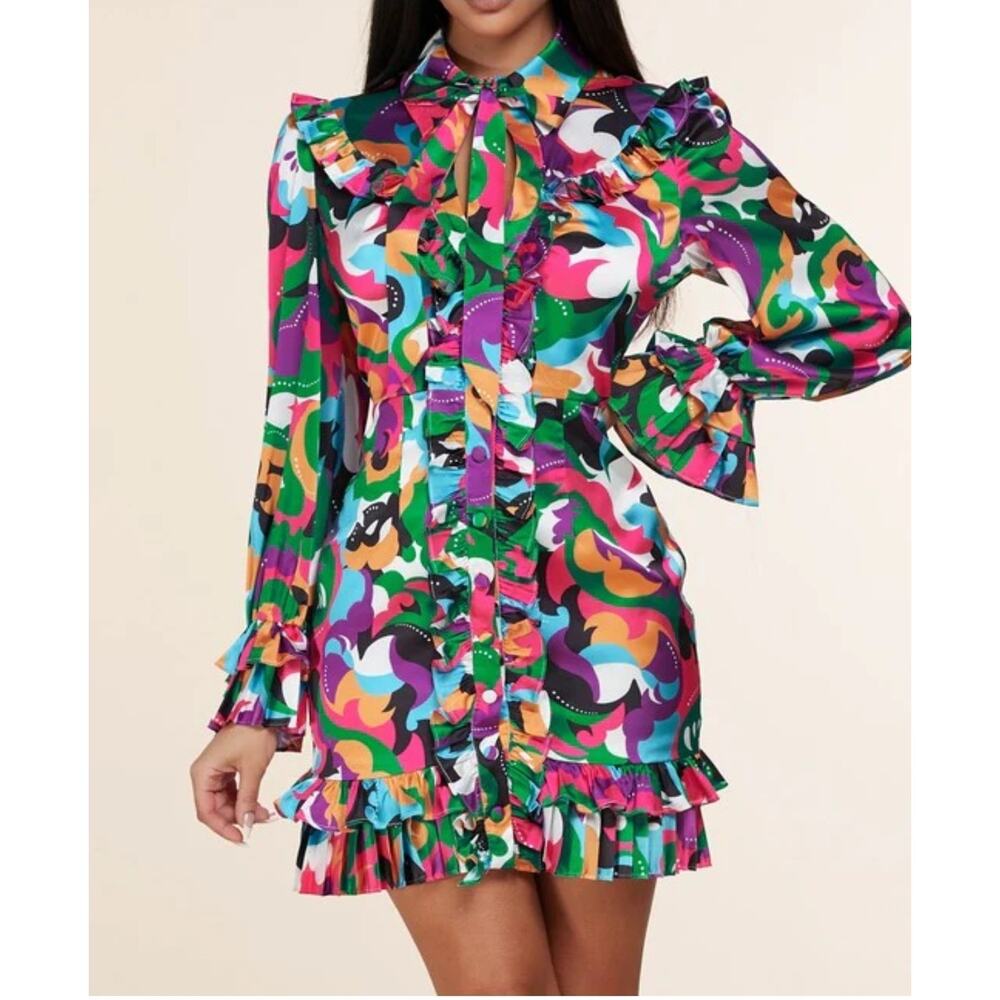 McKenley Rae Boutique Dress Womens Small Multicolor Ruffle Mini Dress Retro Mod